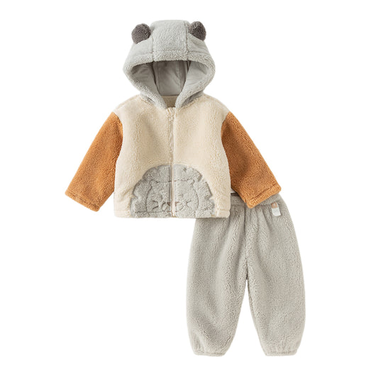 Dave&Bella Toddler Boys Winter Beige Cute Bear-style Indoor Hooded Plush Pajamas