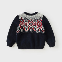 Dave&Bella Toddler Boys Navy Blue Round Collar Pullover Warm Sweaters Tops