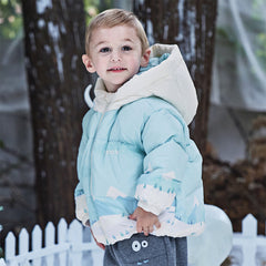 Dave&Bella Toddler Boys Winter Ice Blue Print Outwear Windproof Hooded Cozy Down Coats