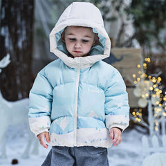 Dave&Bella Toddler Boys Winter Ice Blue Print Outwear Windproof Hooded Cozy Down Coats