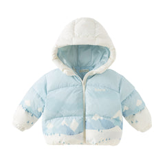 Dave&Bella Toddler Boys Winter Ice Blue Print Outwear Windproof Hooded Cozy Down Coats