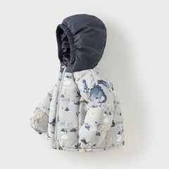 Dave&Bella Toddler Boys Winter Print Grey Windproof Hooded Warm Down Coats