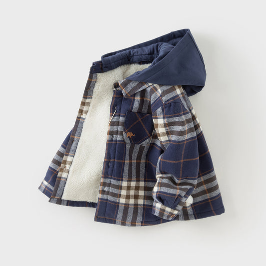 Dave&Bella Toddler Boys Autumn Navy Blue Plaid Hooded Padded Coats