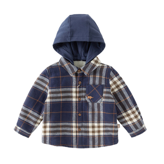 Dave&Bella Toddler Boys Autumn Navy Blue Plaid Hooded Padded Coats