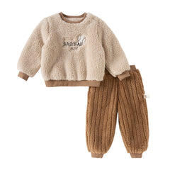 Dave&Bella Toddler Boys Soft Plush Khaki Long-sleeved Warm Pajamas