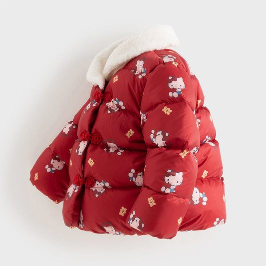 Dave&Bella Toddler Girls Winter Red Cute Cat Print Outdoor Soft Plush Turtle Down Coats