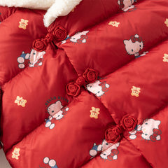 Dave&Bella Toddler Girls Winter Red Cute Cat Print Outdoor Soft Plush Turtle Down Coats