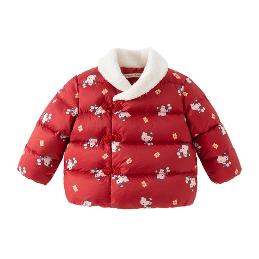 Dave&Bella Toddler Girls Winter Red Cute Cat Print Outdoor Soft Plush Turtle Down Coats