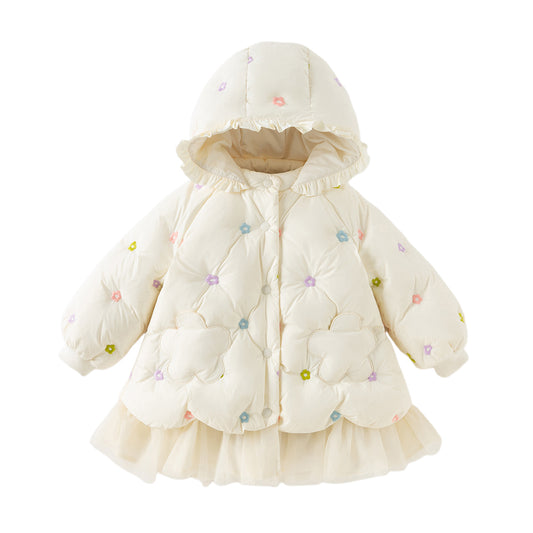 Dave&Bella Toddler Girls Winter Beige Outwear Mid-length Mesh Dress-style Down Coats
