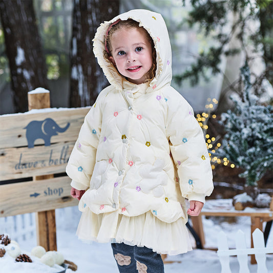 Dave&Bella Toddler Girls Winter Beige Outwear Mid-length Mesh Dress-style Down Coats