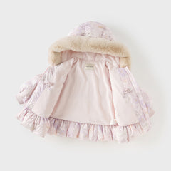 Dave&Bella Toddler Girls Winter Cute Purple Floral-print Windproof Fur-trim Down Coats