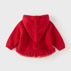 Dave&Bella Toddler Girls Festival Red Long-sleeved Hooded Warm Plush-lined Coats