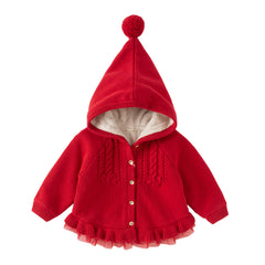 Dave&Bella Toddler Girls Festival Red Long-sleeved Hooded Warm Plush-lined Coats