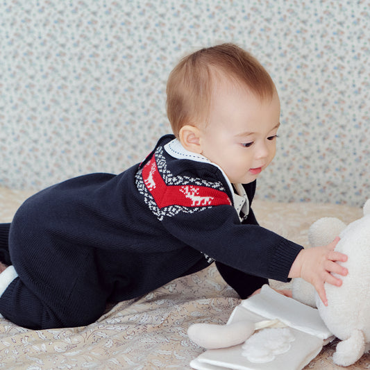 Dave&Bella Baby Boys Autumn Navy Blue Cotton Soft One-Pieces Romper