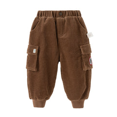 Dave&Bella Toddler Boys Winter Casual Coffee Brown Soft Plush-lined Drawstring Loose Pant