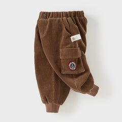 Dave&Bella Toddler Boys Winter Casual Coffee Brown Soft Plush-lined Drawstring Loose Pant