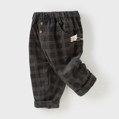 Dave&Bella Toddler Boys Winter Stylish Dark Grey Plaid Cozy Straight-leg Pants