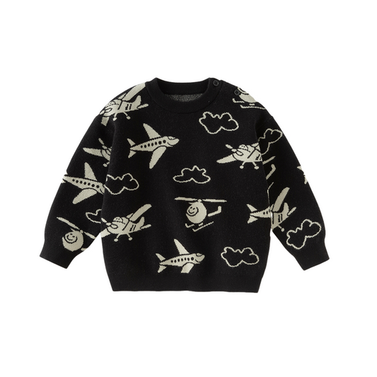 Dave&Bella Toddler Boys Autumn Black Soft Cartoon Print  Sweaters Tops