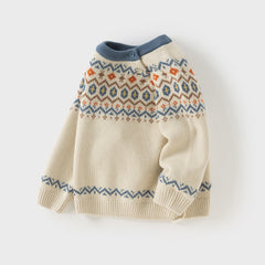 Dave&Bella Kids Boys Autumn Apricoot/Blue Classic Round Collar Warm Sweaters Tops