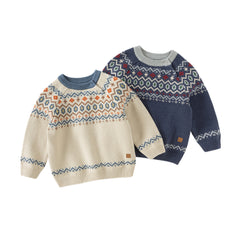 Dave&Bella Kids Boys Autumn Apricoot/Blue Classic Round Collar Warm Sweaters Tops