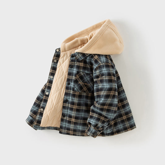 Dave&Bella Toddler Boys Winter Casual Navy Plaid Hooded Padded Coats