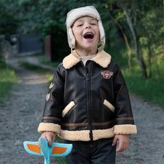 Dave&Bella Toddler Boys Winter Black Faux Shearling Lining PU Leather Biker Jacket