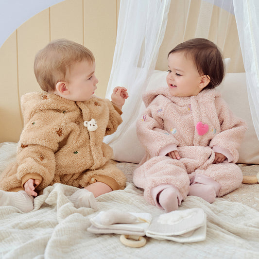 Dave&Bella Baby Girls/Boys Cute Candy Pink/Khaki Hooded Soft Plush Rompers