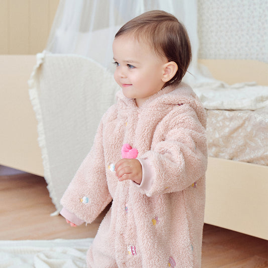Dave&Bella Baby Girls/Boys Cute Candy Pink/Khaki Hooded Soft Plush Rompers