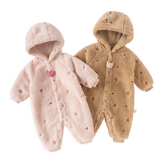 Dave&Bella Baby Girls/Boys Cute Candy Pink/Khaki Hooded Soft Plush Rompers