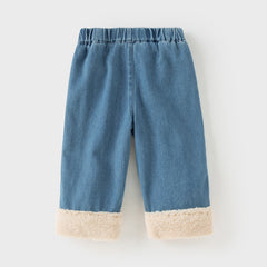 Dave&Bella Toddler Girls Winter Sweet Denim Blue Straight-leg Plush-lined Long Jeans Pants