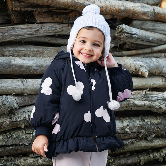 Dave&Bella Toddler Girls Pretty Butterfly-print Black Long-sleeved Hooded Padded Coats