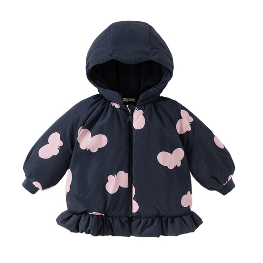 Dave&Bella Toddler Girls Pretty Butterfly-print Black Long-sleeved Hooded Padded Coats