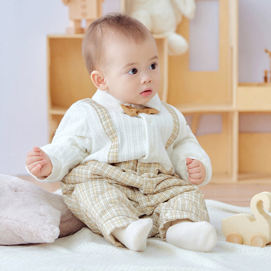 Dave&Bella Baby Boys College-style Yellow-white Plaid Warm Padded Indoor Rompers