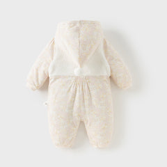 Dave&Bella Baby Girls Winter White Floral Print Indoor Cozy Plush Hooded Rompers