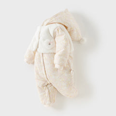 Dave&Bella Baby Girls Winter White Floral Print Indoor Cozy Plush Hooded Rompers