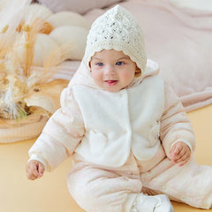 Dave&Bella Baby Girls Winter White Floral Print Indoor Cozy Plush Hooded Rompers