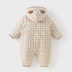 Dave&Bella Baby Boys Casual Apricot Plaid Indoor Warm Padded Hooded Rompers