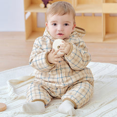 Dave&Bella Baby Boys Casual Apricot Plaid Indoor Warm Padded Hooded Rompers