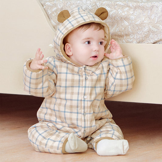 Dave&Bella Baby Boys Casual Apricot Plaid Indoor Warm Padded Hooded Rompers