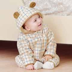 Dave&Bella Baby Boys Casual Apricot Plaid Indoor Warm Padded Hooded Rompers