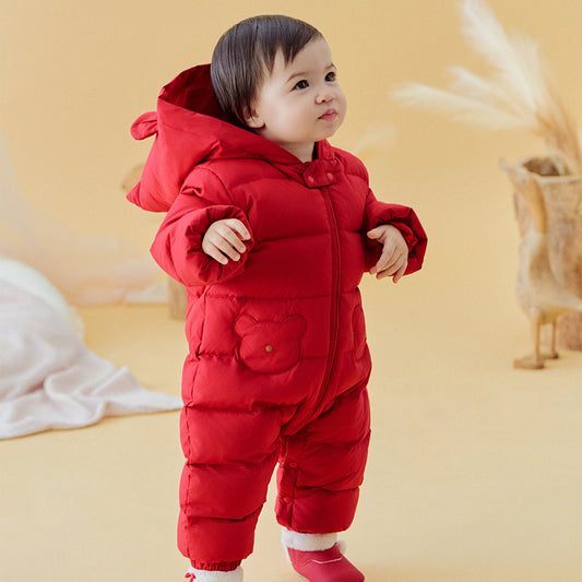 Dave&Bella Baby Girls/Boys Winter Festival Red Warm Windproof Hooded Down Rompers