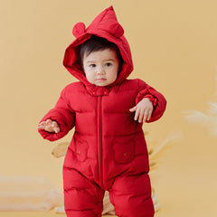 Dave&Bella Baby Girls/Boys Winter Festival Red Warm Windproof Hooded Down Rompers