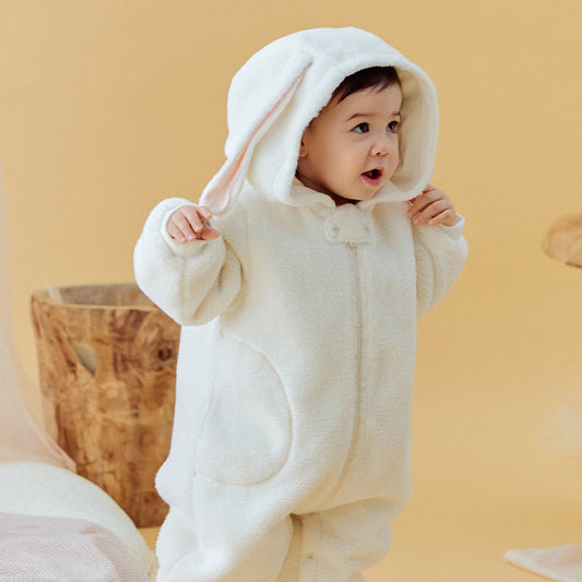 Dave&Bella Baby Girls Autumn Rabbit-style Cozy Beige Hooded One-pieces Romper