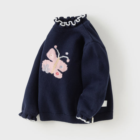 Dave&Bella Toddler Girls Navy Blue Lace Turtle Comfortable Sweaters Tops