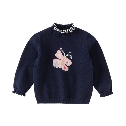 Dave&Bella Toddler Girls Navy Blue Lace Turtle Comfortable Sweaters Tops