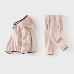 Dave&Bella Kids Girls/Boys Autumn Pink/Grey Cozy Fleece Hooded Coat Pant Suits Set