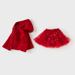 Dave&Bella Toddler Girls Festival Red Chinese-style Hooded Top Mesh Skirt Sets