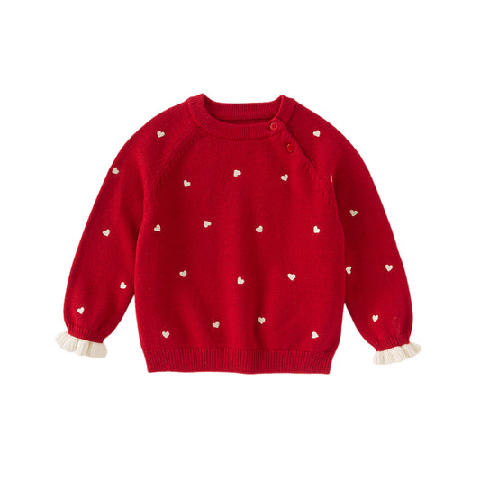 Dave&Bella Toddler Girls Autumn Soft Knit Cute Red/Beige Sweaters Tops