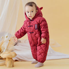 Dave&Bella Baby Girls/Boys Winter Dark Red Indoor Cozy Long Sleeve Hooded Down Romper