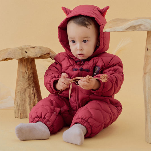 Dave&Bella Baby Girls/Boys Winter Dark Red Indoor Cozy Long Sleeve Hooded Down Romper